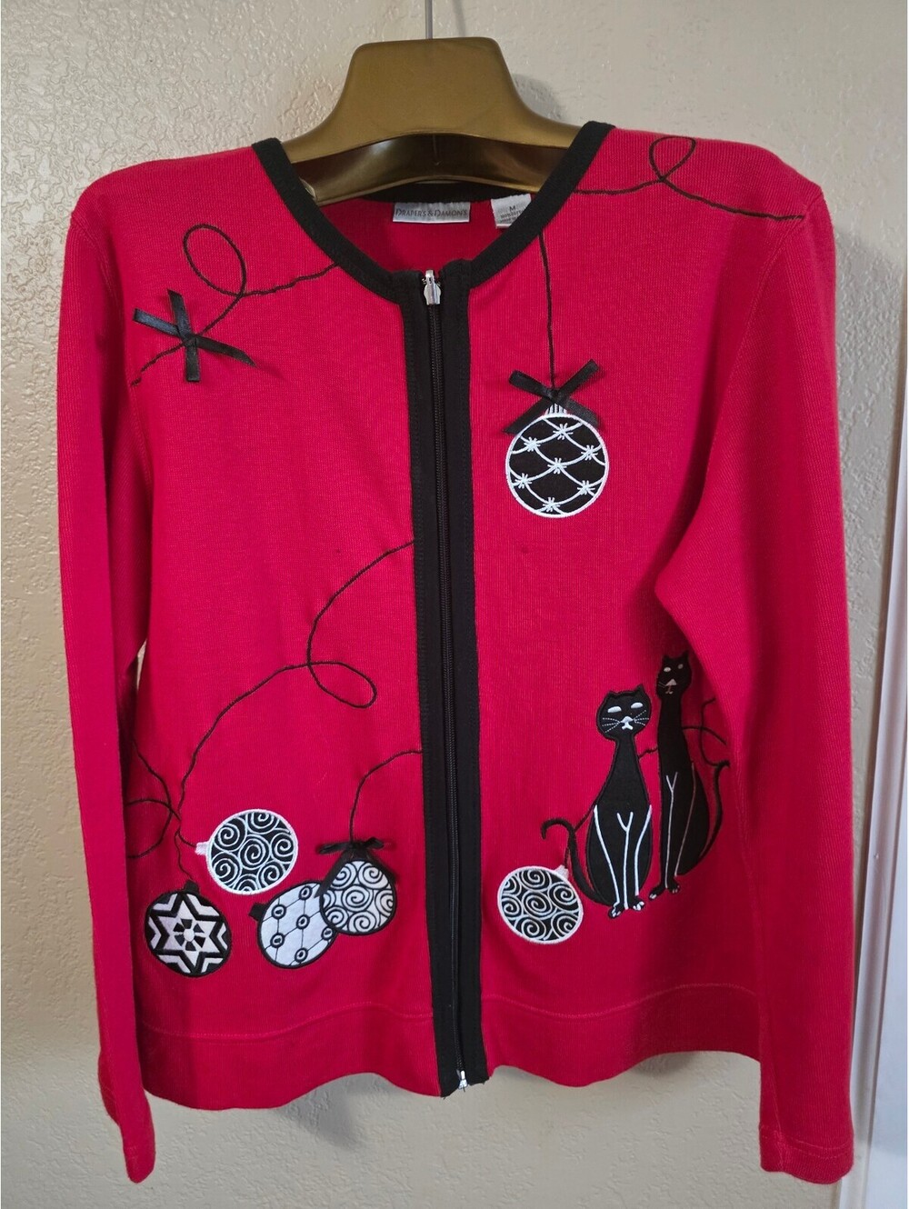 Vintage Draper's & Damon's Red Zip-Up Cardigan with Cat and Ornament, M